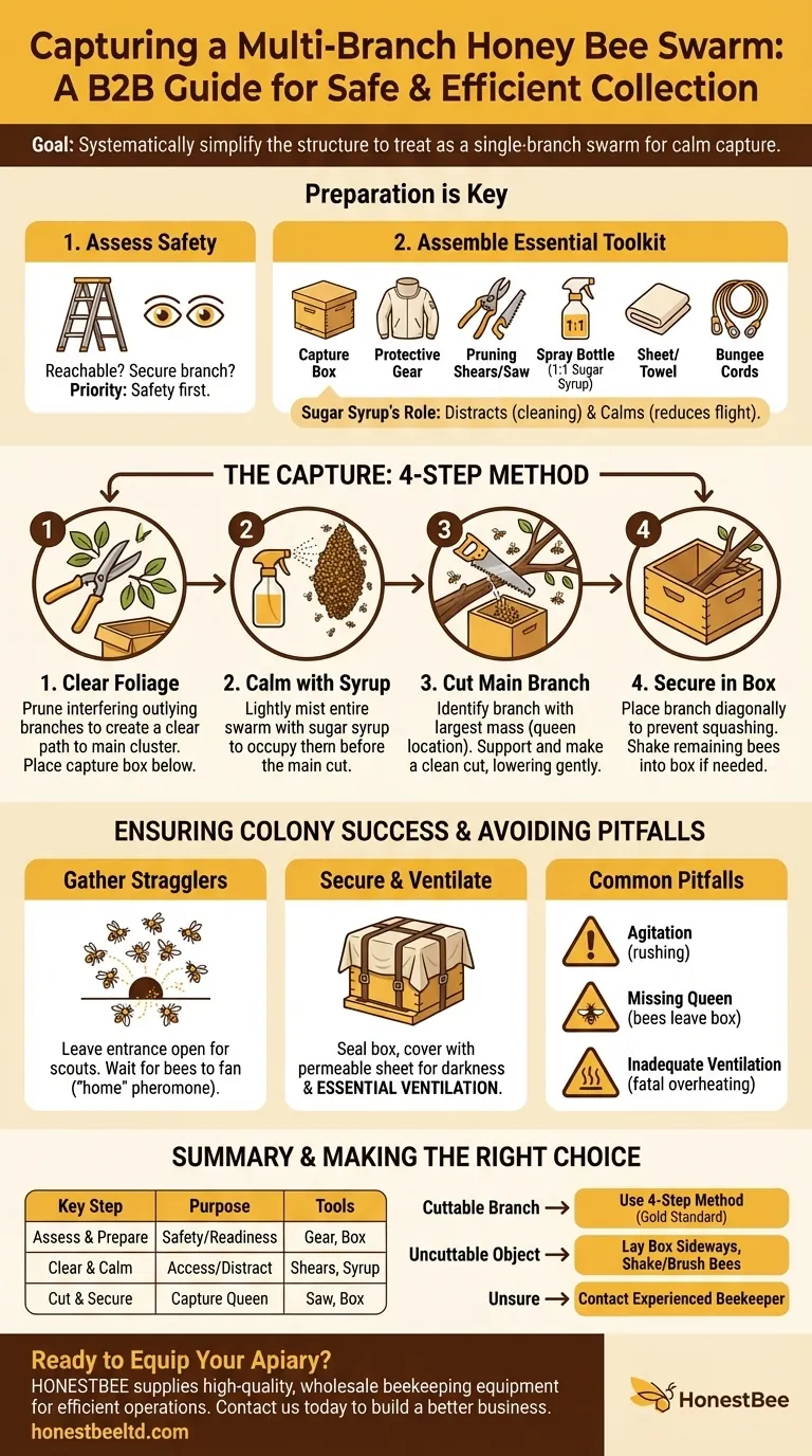 What steps should be taken when approaching a swarm localized around many branches? A Guide to Safe and Efficient Capture Visual Guide