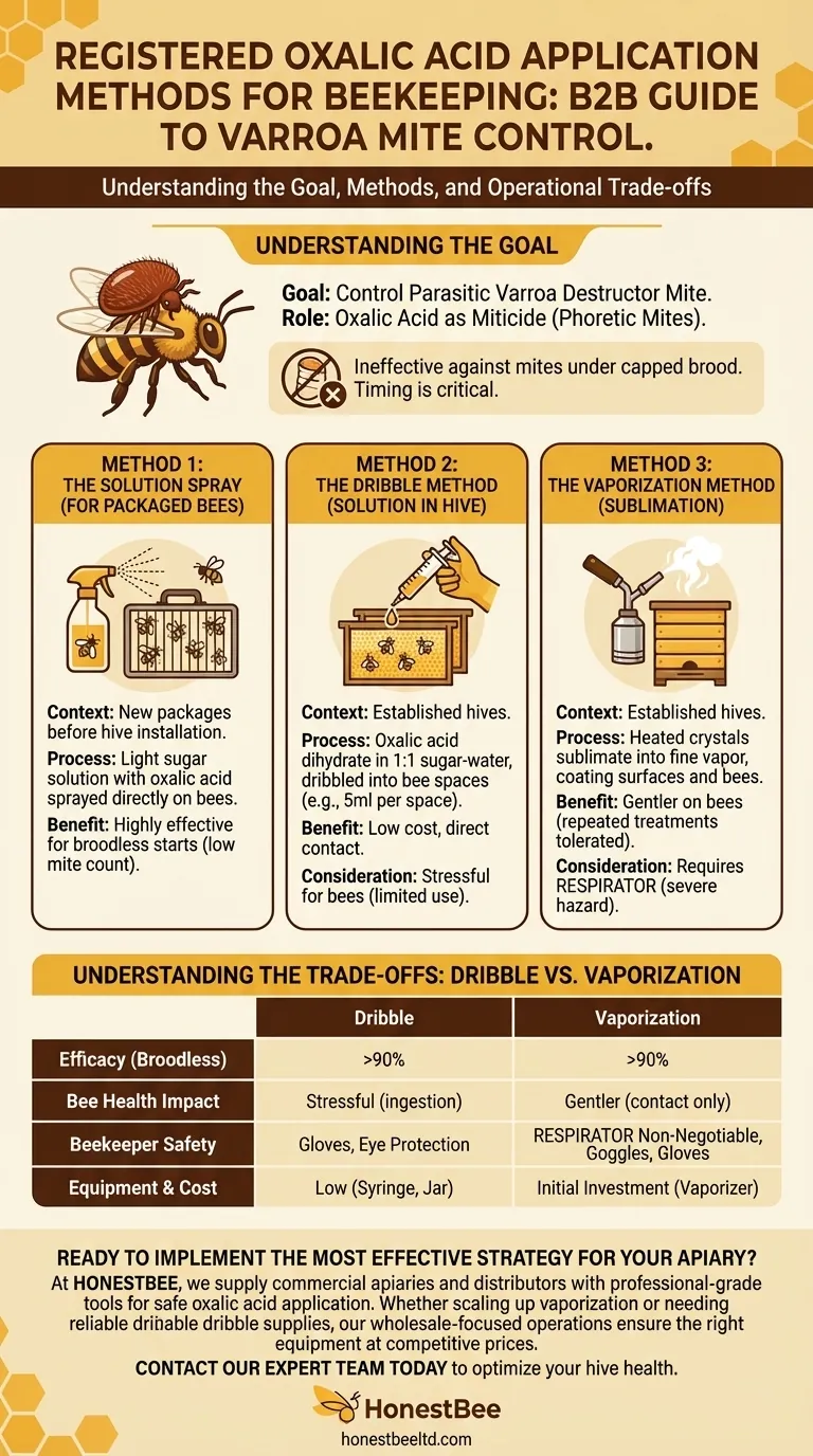 What are the registered application methods for oxalic acid in beekeeping? Choose the Right Varroa Mite Treatment Visual Guide