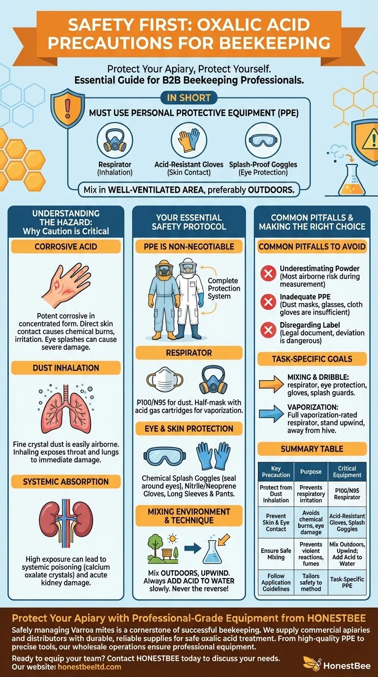What precautions should be taken when preparing oxalic acid solutions for bee treatment? Essential Safety Protocol for Beekeepers Visual Guide
