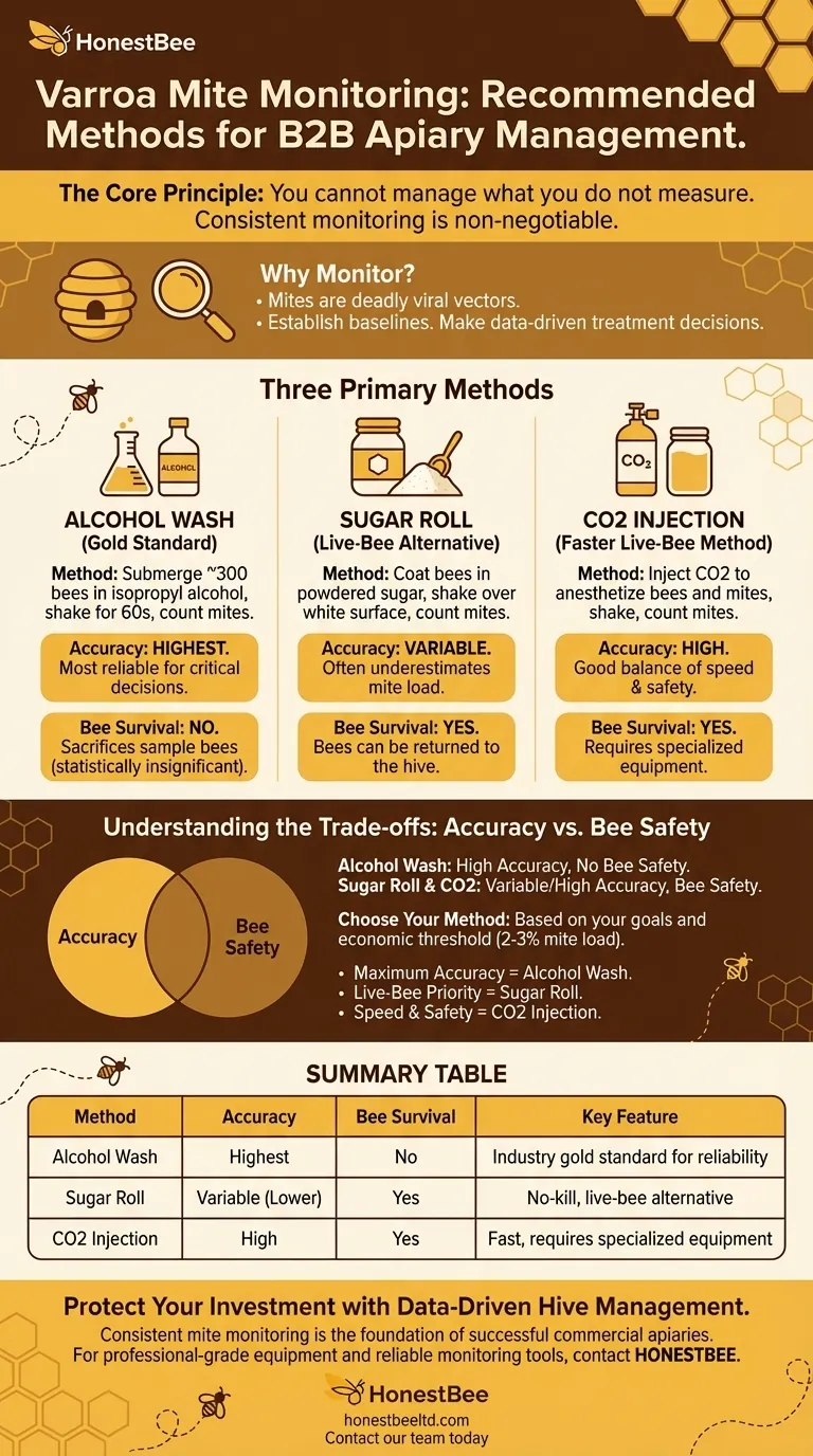 What are the recommended methods for monitoring mites? Choose the Best Method for Your Apiary Visual Guide