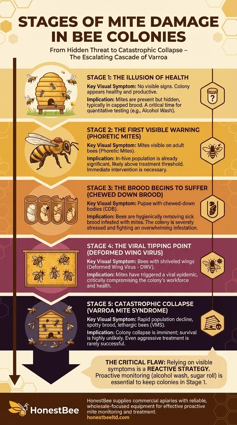 What are the stages of mite damage in bee colonies? Prevent Total Collapse with Proactive Management Visual Guide