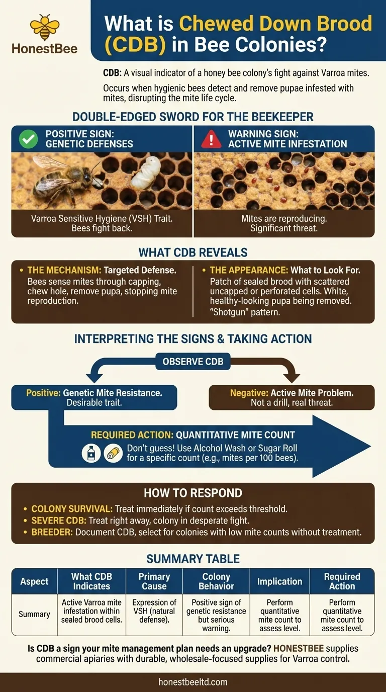 What does Chewed Down Brood (CDB) indicate in bee colonies? A Sign of Varroa Mite Infestation Visual Guide