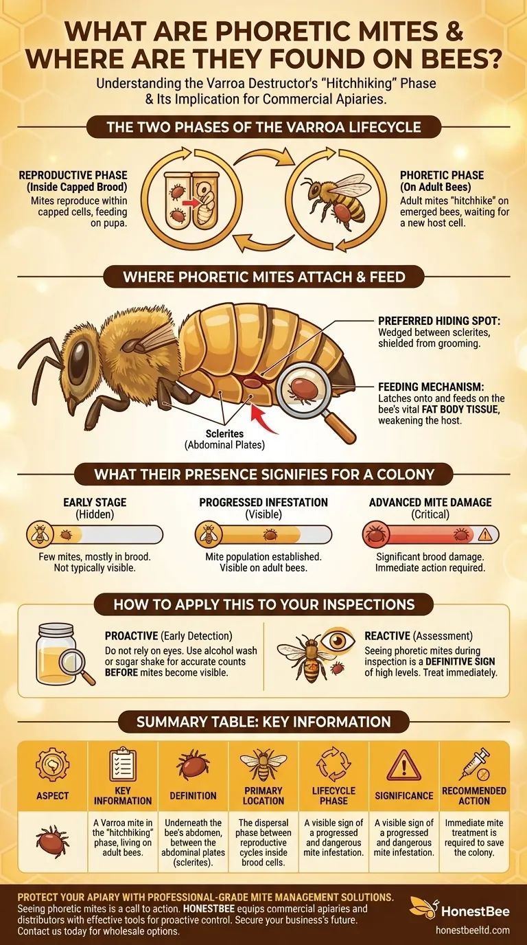 What are phoretic mites and where are they typically found on bees? A Guide to Identifying and Managing Varroa Mites Visual Guide