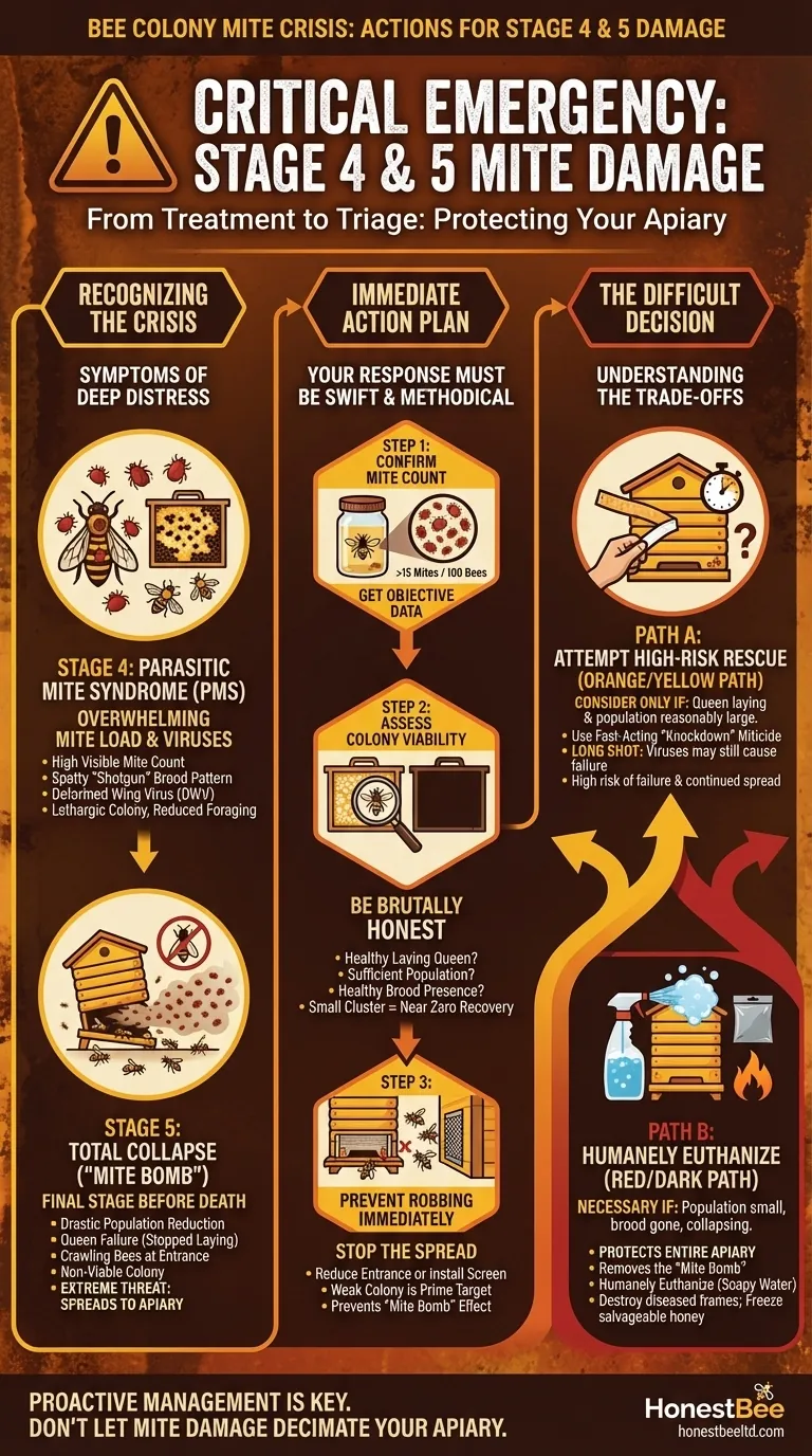 What actions should be taken if a bee colony is in Stage 4 or Stage 5 of mite damage? A Guide to Managing a Hive Emergency Visual Guide