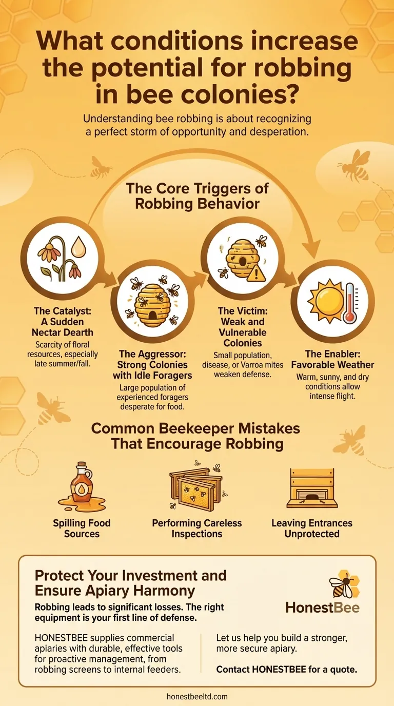 What conditions increase the potential for robbing in bee colonies? Prevent Hive Warfare with Proactive Management Visual Guide