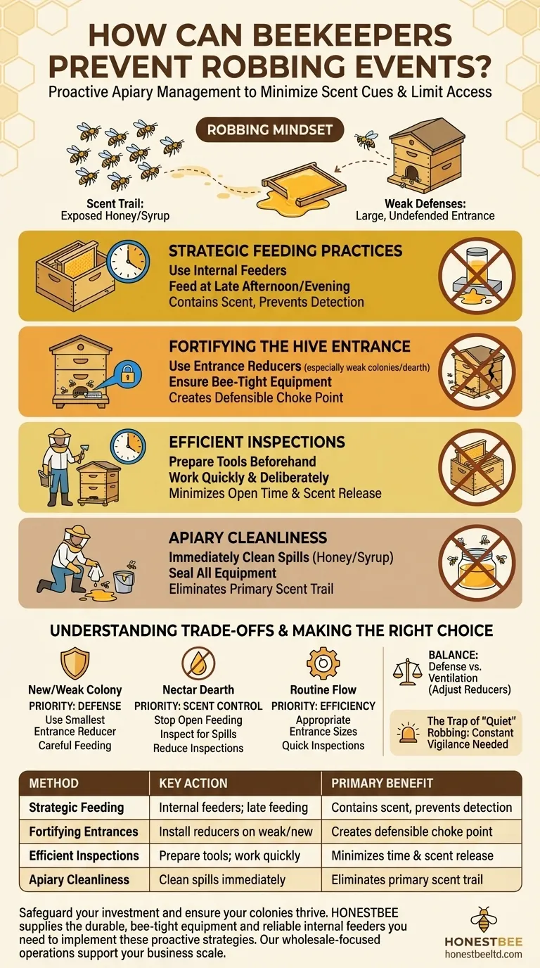 How can beekeepers prevent robbing events? Proactive Apiary Management Strategies Visual Guide