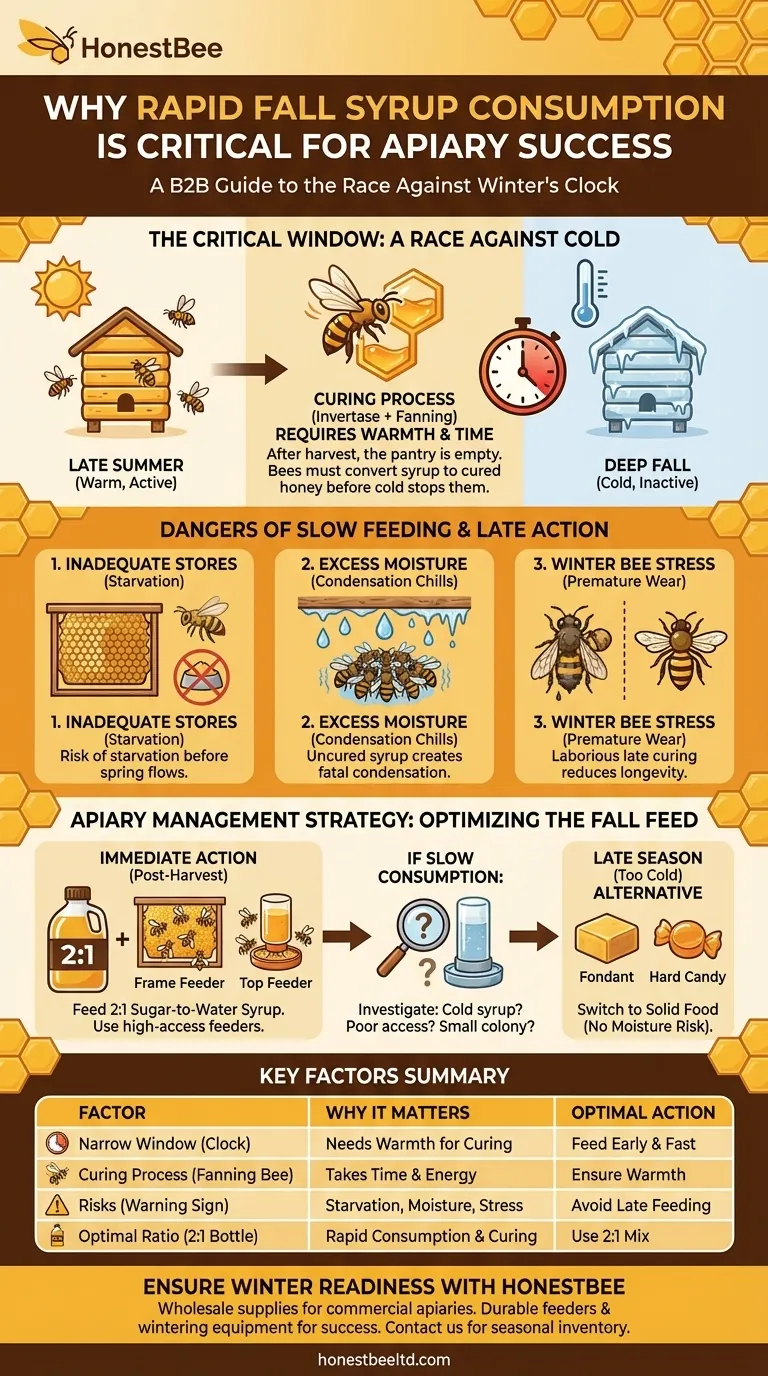 Why is rapid consumption of syrup important during the fall? A Beekeeper's Guide to Timely Winter Prep Visual Guide
