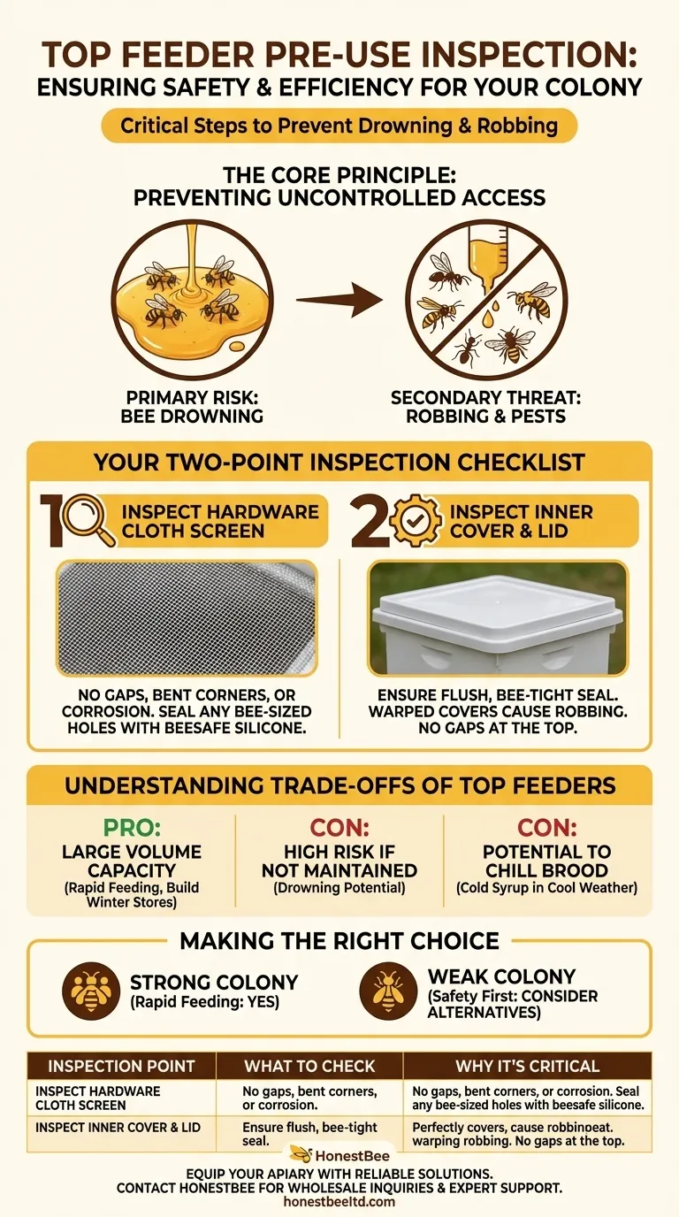 What should be inspected before using a top feeder? Ensure Bee Safety and Feeding Success Visual Guide