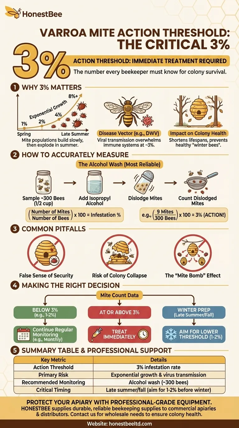 Qual è la soglia d'azione comunemente suggerita per l'infestazione da acari Varroa? La regola critica del 3% per la sopravvivenza dell'alveare Guida Visiva