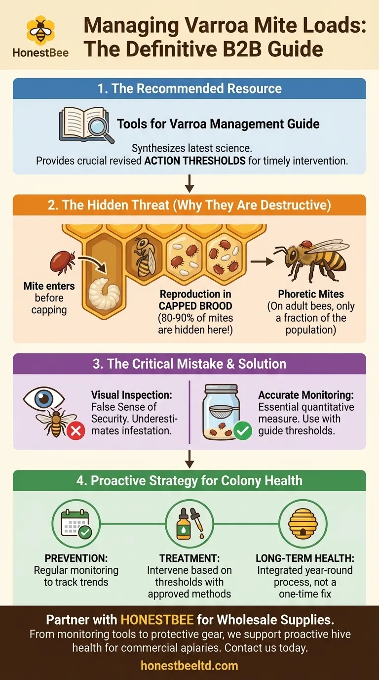 What resource is recommended for managing Varroa mite loads? The Definitive Guide for Beekeepers Visual Guide
