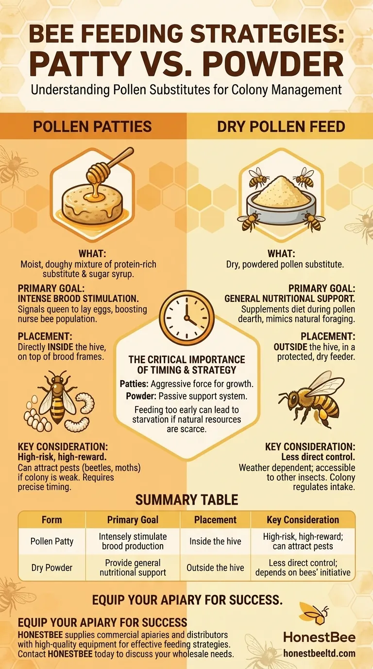 What are the two forms of pollen or pollen substitutes used for feeding bees? A Guide to Strategic Bee Nutrition Visual Guide