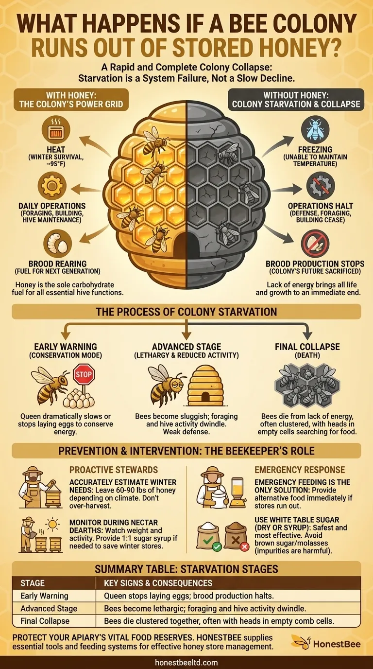 What happens if a bee colony runs out of stored honey? Prevent Catastrophic Starvation Visual Guide