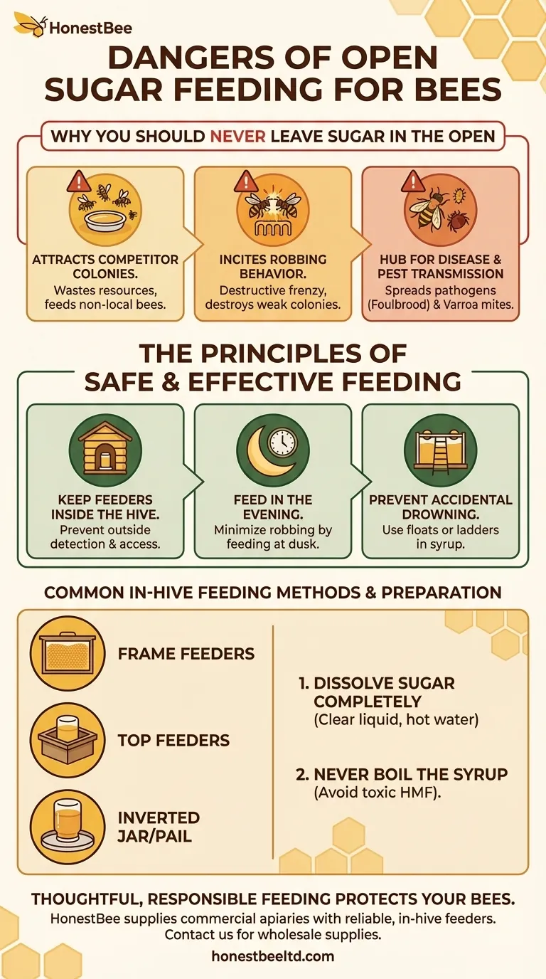 Why should sugar syrup or dry sugar not be left out in the open when feeding bees? Avoid a Dangerous Feeding Frenzy Visual Guide