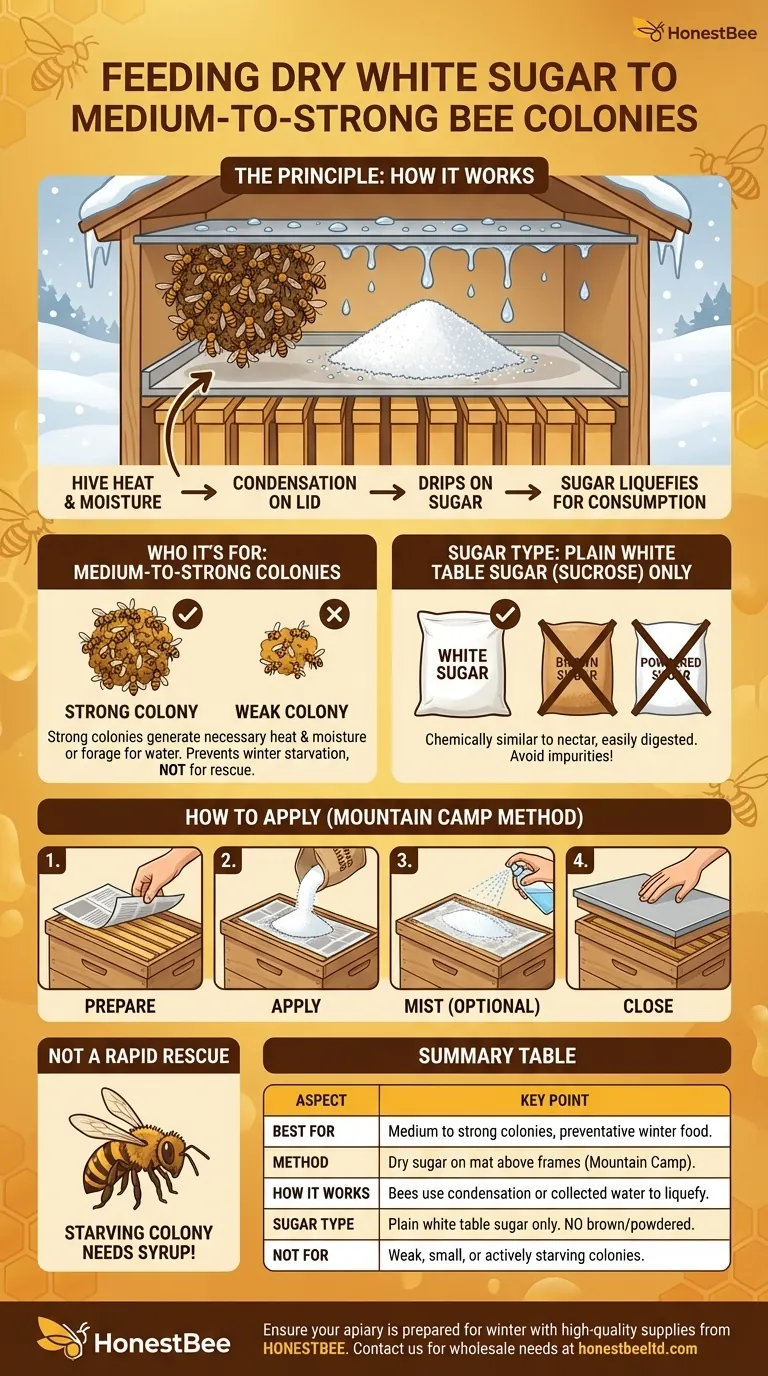 How can medium to strong bee colonies be fed dry white table sugar? A Guide to Winter Survival Feeding Visual Guide
