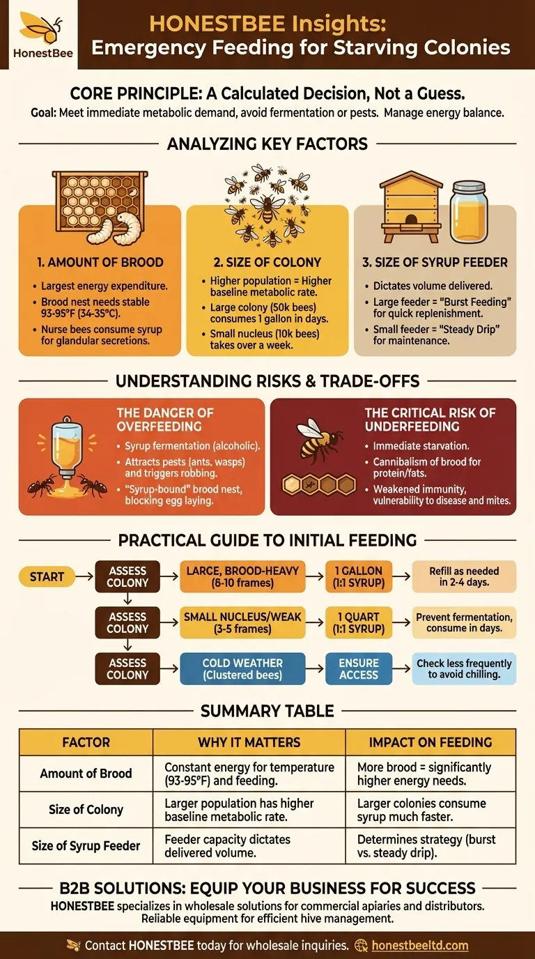 What factors determine the initial feed for colonies with no stored honey or incoming nectar? Visual Guide