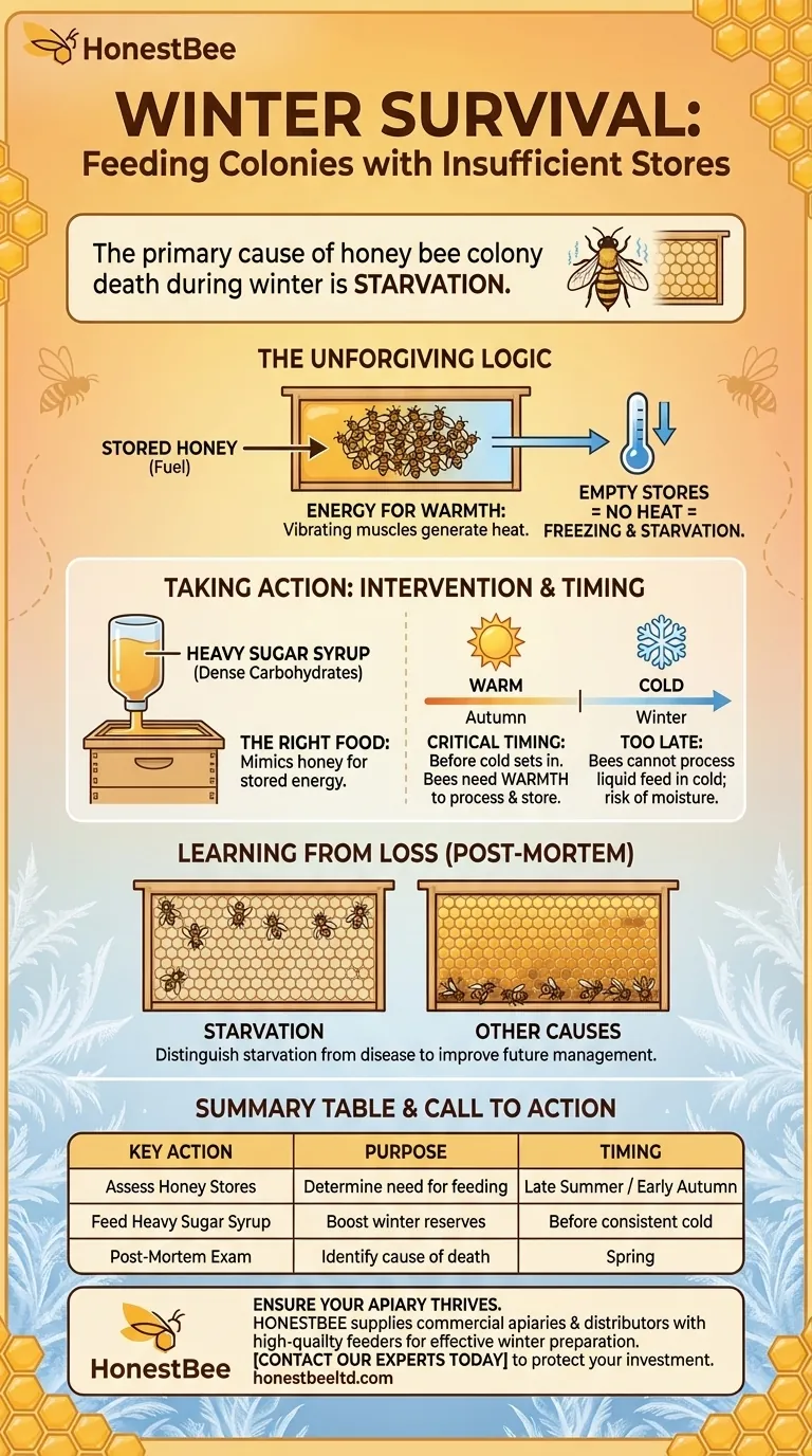 What should be done for bee colonies with insufficient stores for winter? Prevent Starvation with Timely Feeding Visual Guide