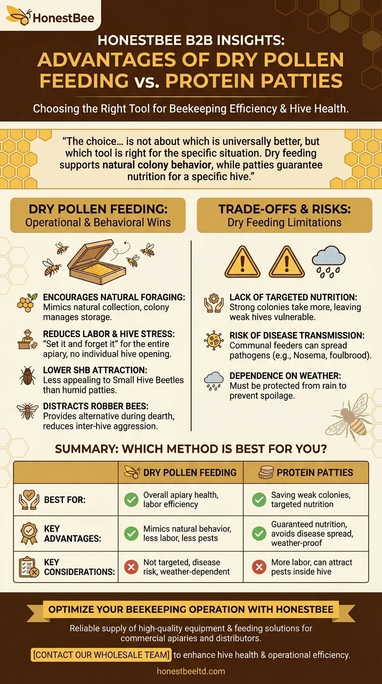 What are the advantages of dry pollen feeding over protein patties? Boost Apiary Health & Efficiency Visual Guide