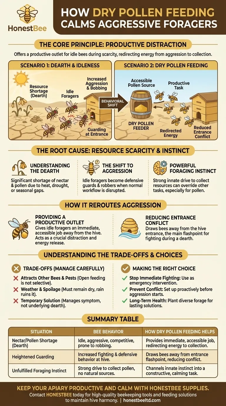 How does dry pollen feeding help with aggressive foragers? Calm Your Hive by Redirecting Bee Instincts Visual Guide