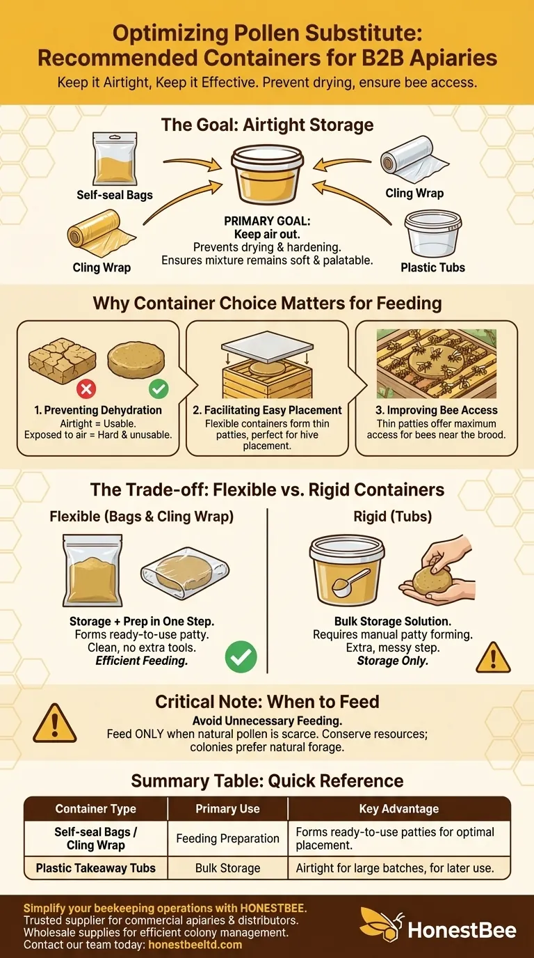 What containers are recommended for storing the pollen substitute mixture? Use Bags for Easy, Effective Feeding Visual Guide