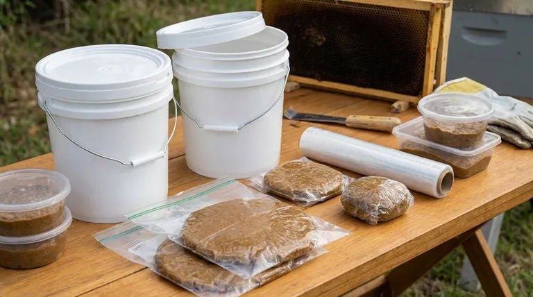 Quais recipientes são recomendados para armazenar a mistura de substituto de pólen? Use sacos para uma alimentação fácil e eficaz