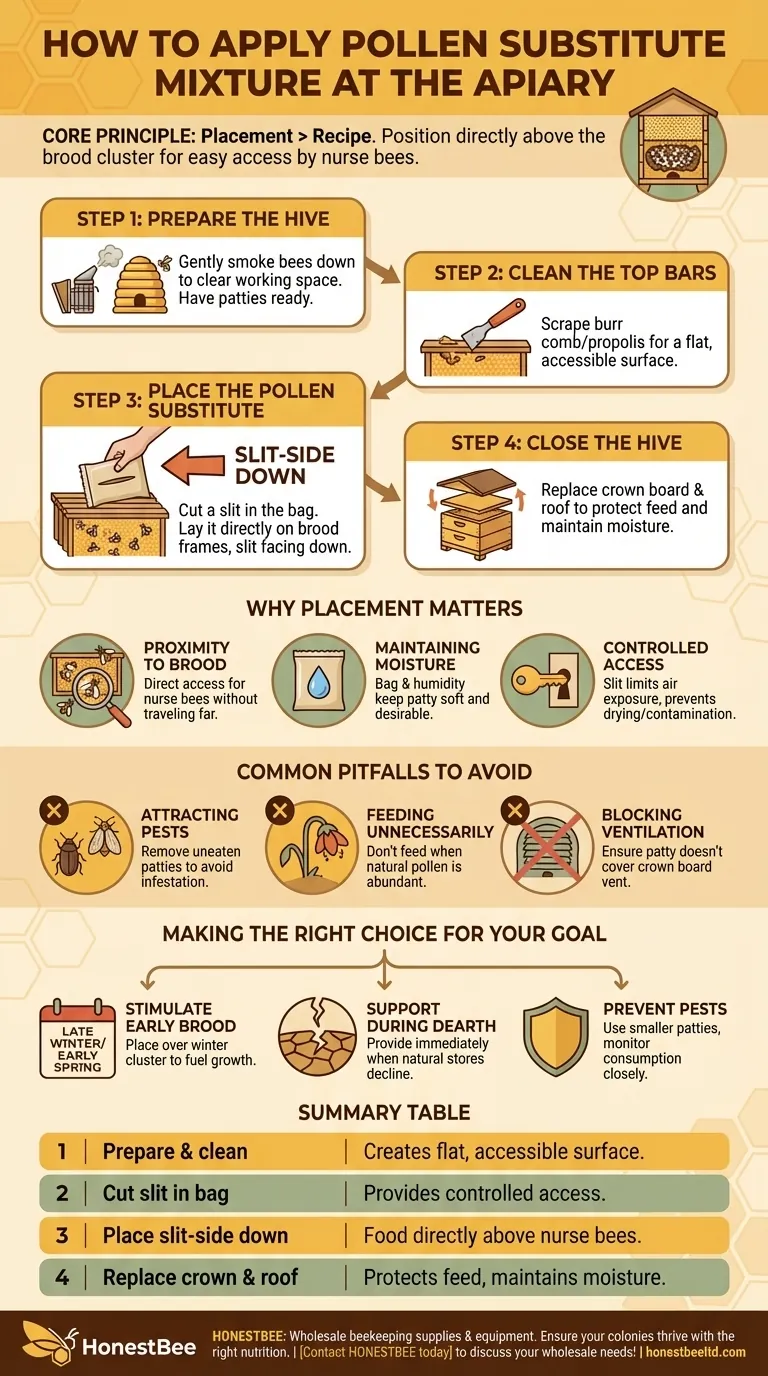 How is the pollen substitute mixture prepared for feeding at the apiary? Master the Proper Placement Technique Visual Guide