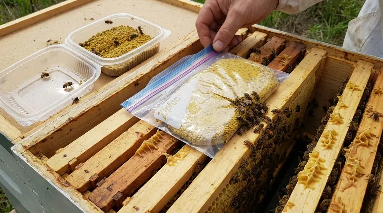 What is the advantage of using bags or cling wrap over takeaway containers for storing pollen substitute? Maximize Bee Nutrition & Consumption