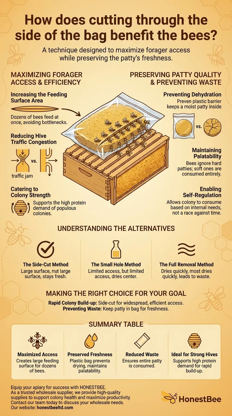 How does cutting through the side of the bag benefit the bees? Maximize Feeding Efficiency and Reduce Waste Visual Guide