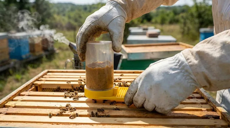 What happens after the pollen substitute is placed in the apiary? Stimulate Brood Production for a Stronger Hive