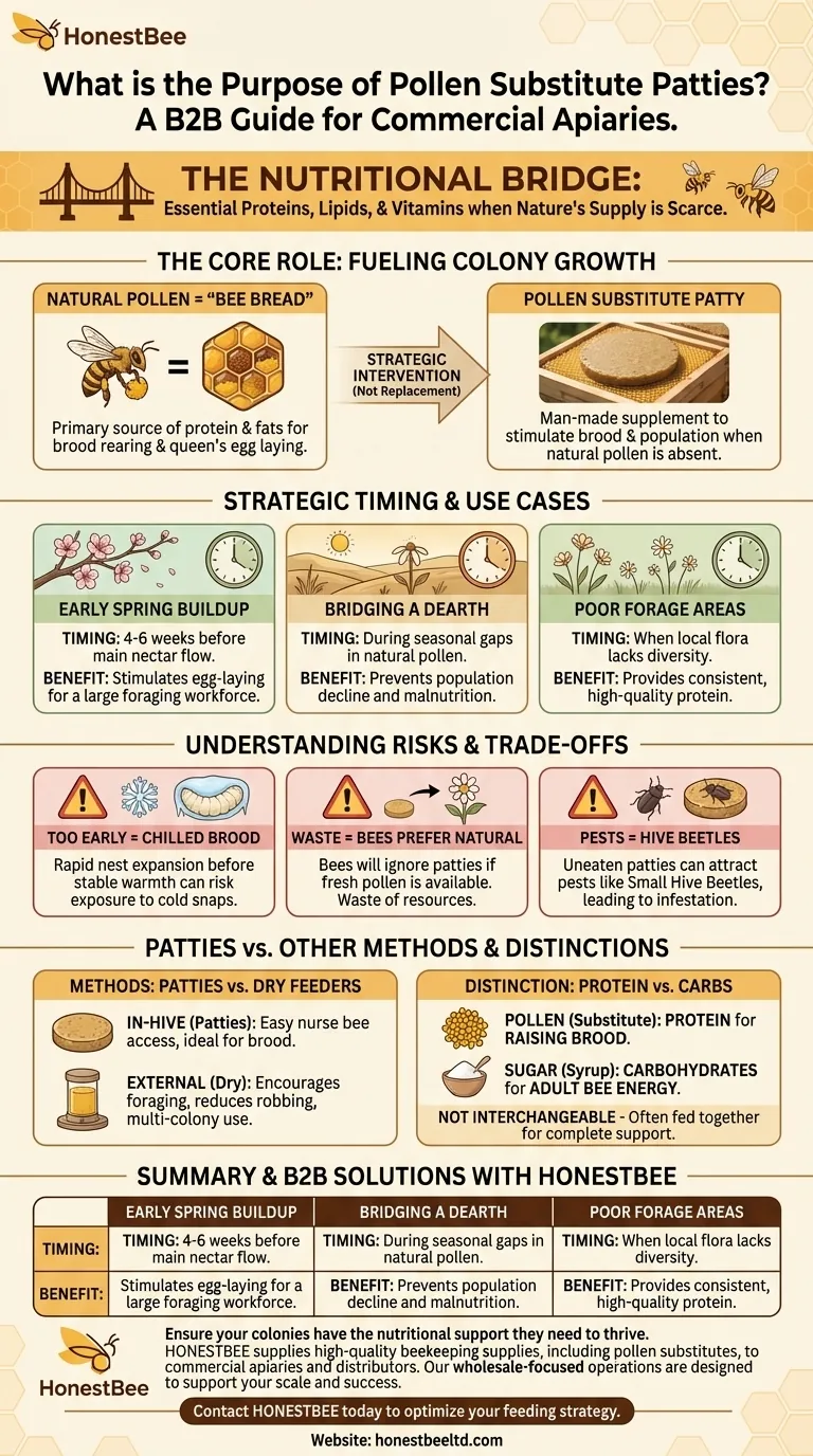 What is the purpose of feeding pollen substitute patties to bee colonies? Boost Spring Buildup & Bridge Dearth Visual Guide