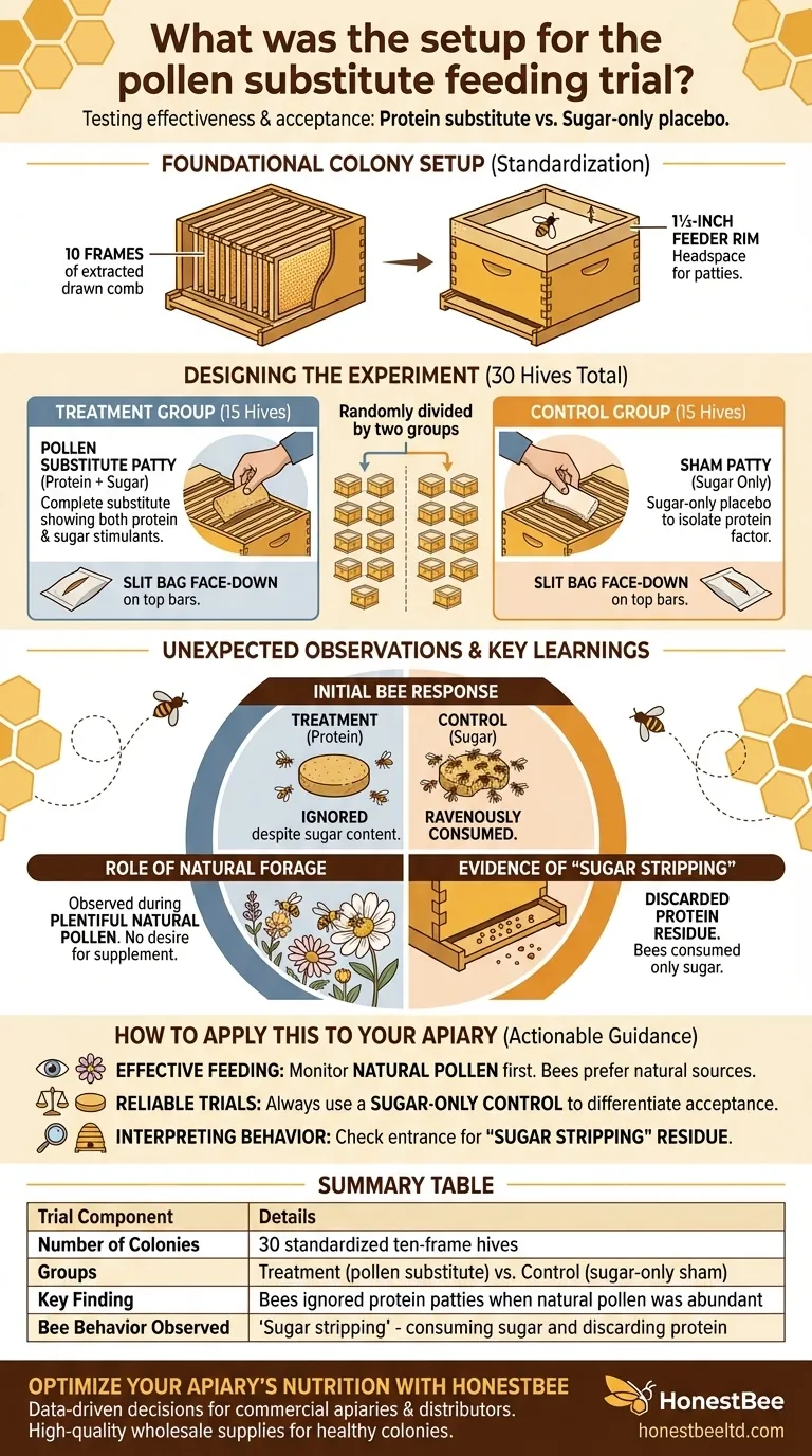Qual foi a configuração para o ensaio de alimentação com substituto de pólen? Perspectivas para uma Alimentação Suplementar Eficaz Guia Visual