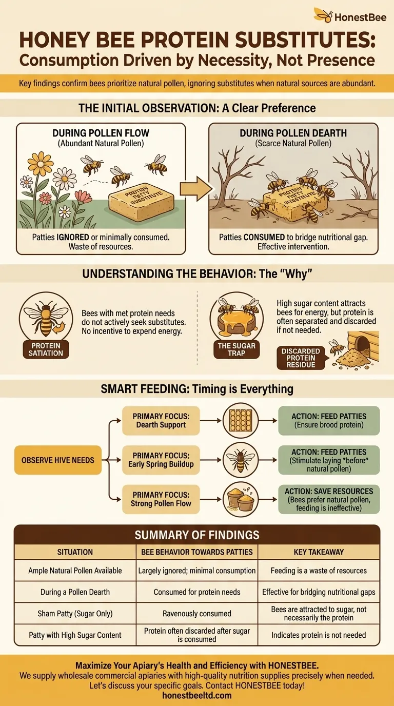 What were the key findings regarding the consumption of pollen substitute patties? Bees Prioritize Natural Pollen Over Supplements Visual Guide