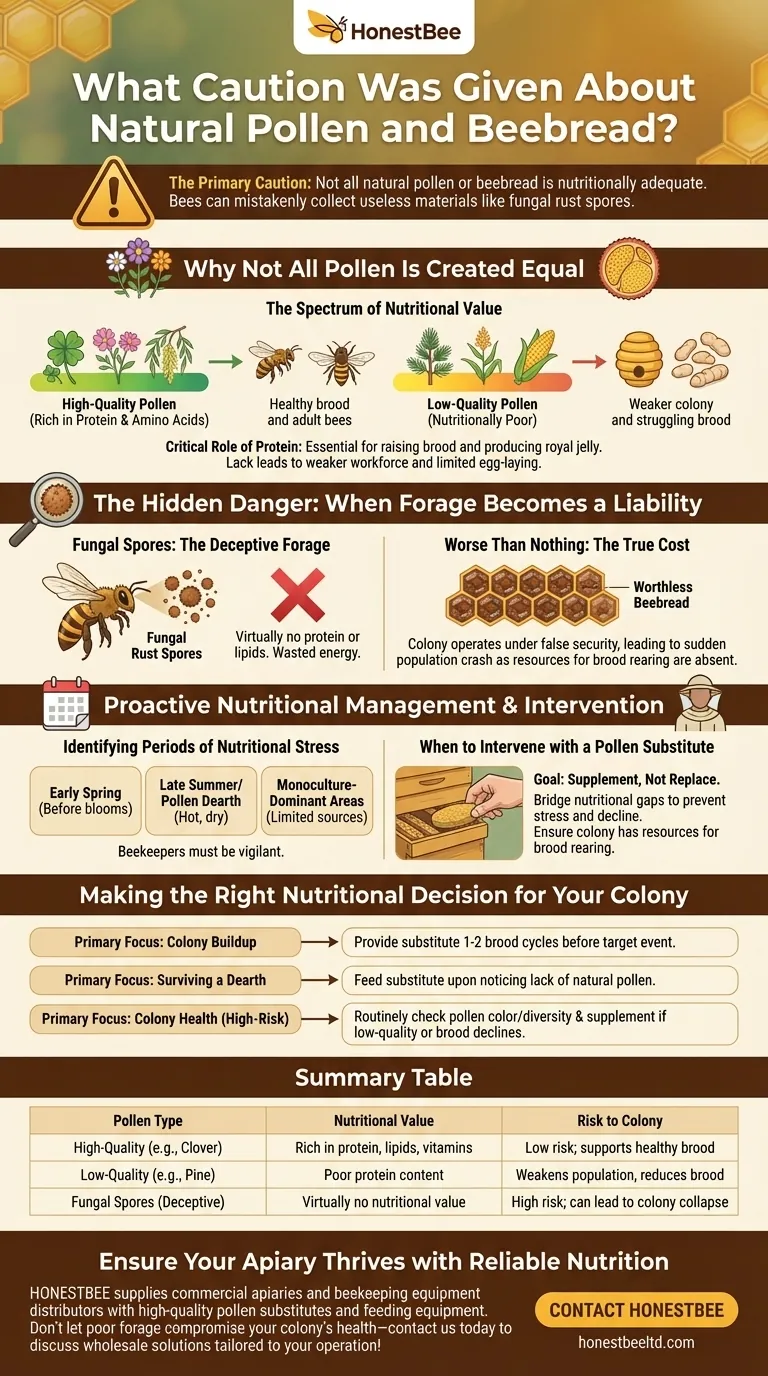 What caution was given about natural pollen and beebread? Avoid Nutritional Deficits in Your Hive Visual Guide