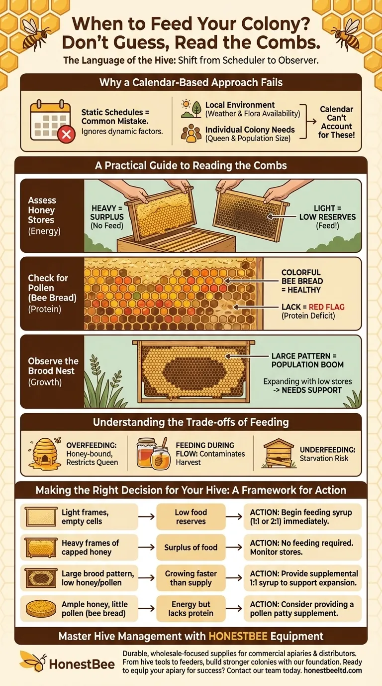 What advice was given on determining when to feed colonies? Learn to Read the Combs, Not the Calendar Visual Guide
