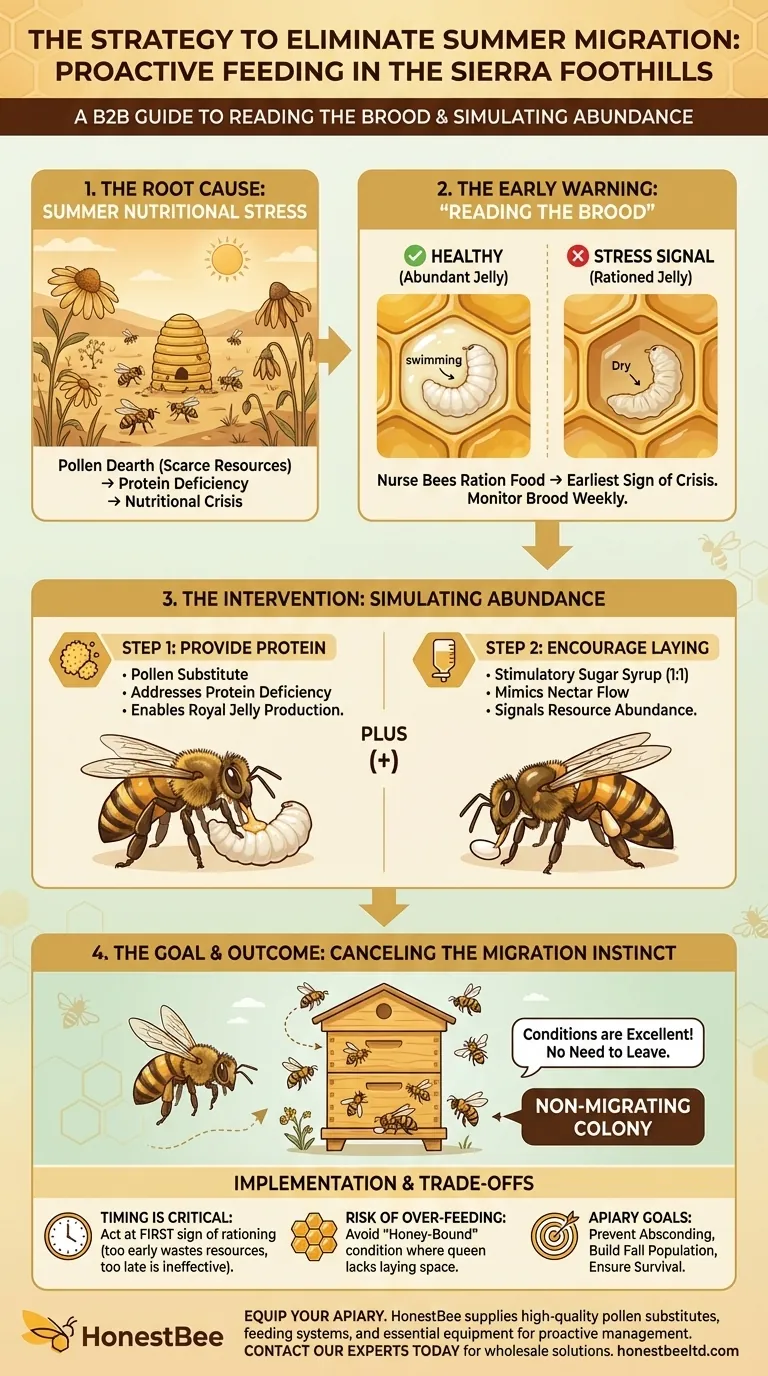 What strategy was used to eliminate summer migration in the Sierra foothills? Proactive Feeding Based on Brood Signals Visual Guide