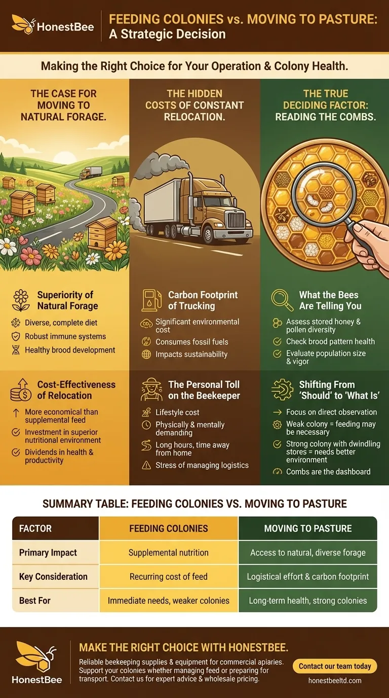 What factors were considered in the decision to feed colonies versus moving them to better pasture? Optimize Your Apiary's Health and Efficiency Visual Guide