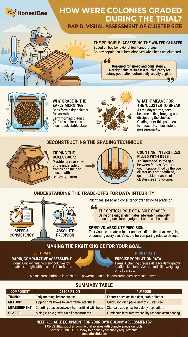 How were the colonies graded during the trial? A Rapid, Consistent Method for Assessing Bee Colony Strength Visual Guide