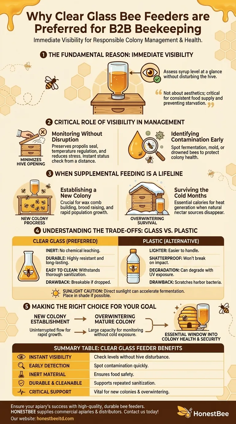Why are clear glass containers preferred for bee feeders? Ensure Colony Health with Instant Visibility Visual Guide