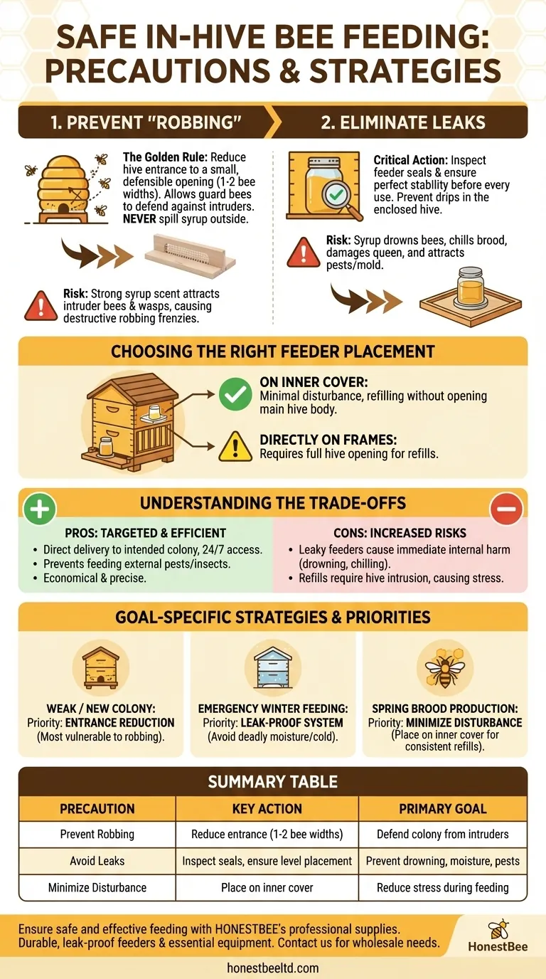 What precautions should be taken when feeding bees inside the hive? Safeguard Your Colony from Robbing and Leaks Visual Guide