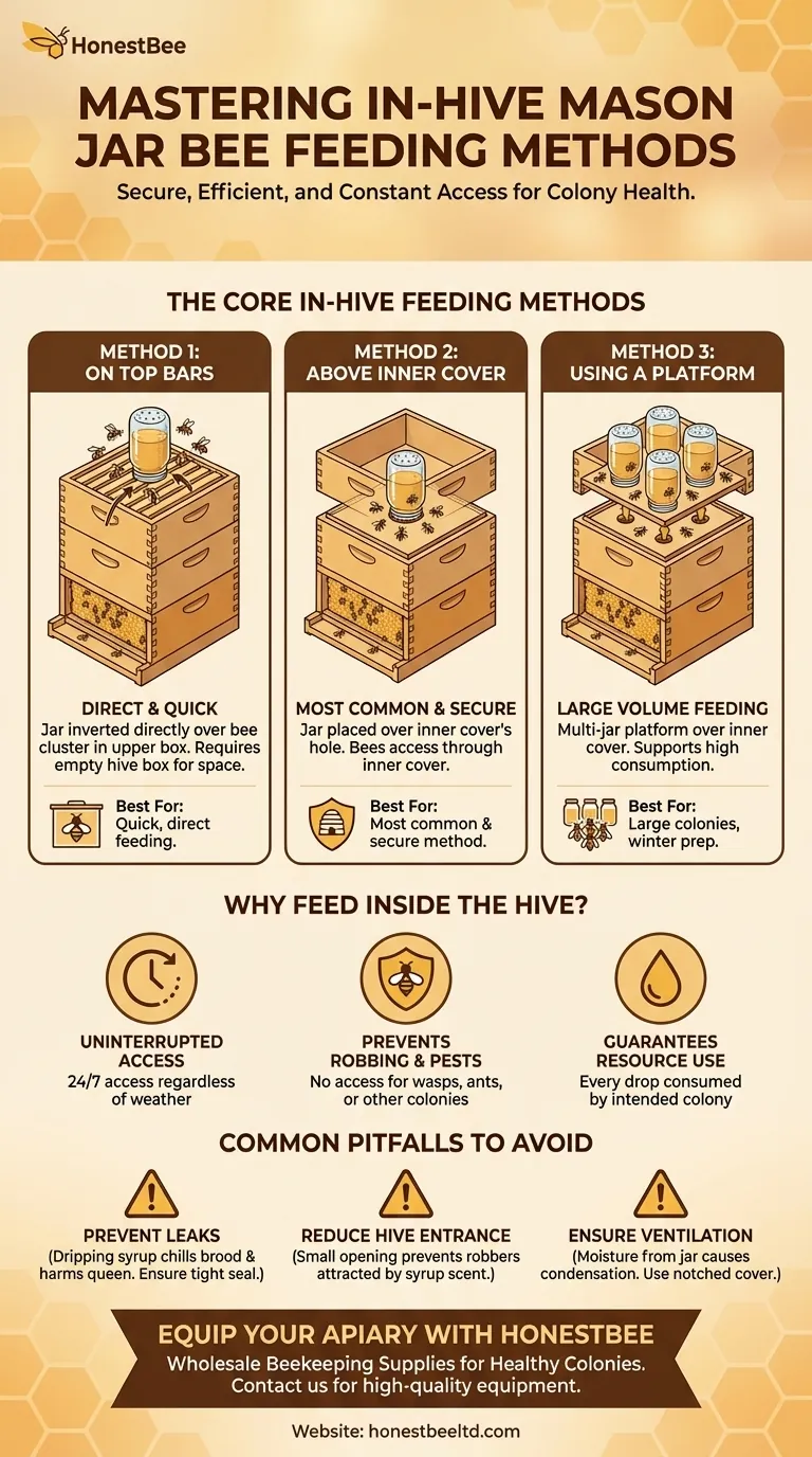 What are some common methods for using mason jar bee feeders inside the hive? Safely Feed Your Colony Visual Guide