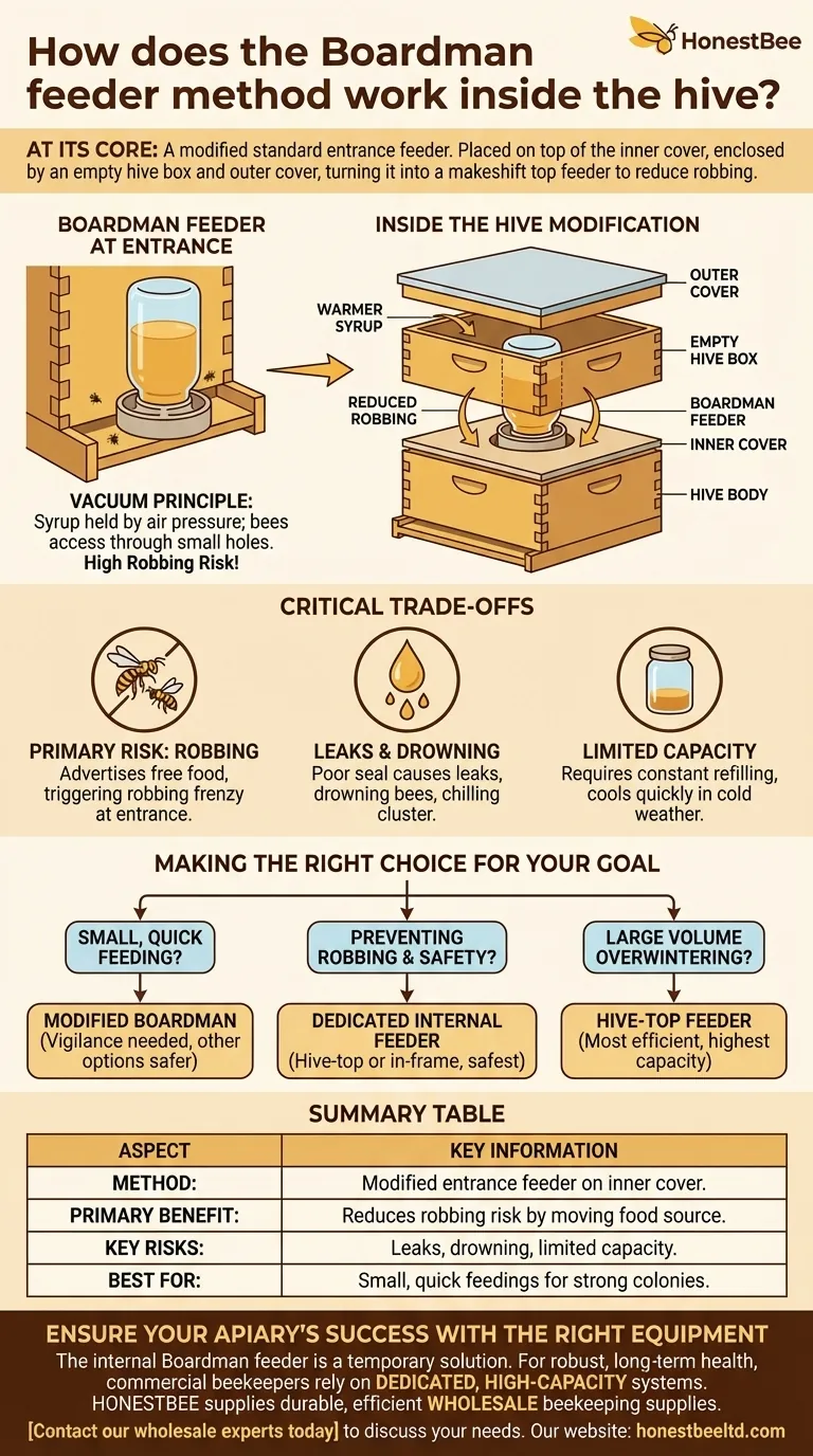 How does the Boardman feeder method work inside the hive? A Guide to Internal Feeding and Robbing Prevention Visual Guide