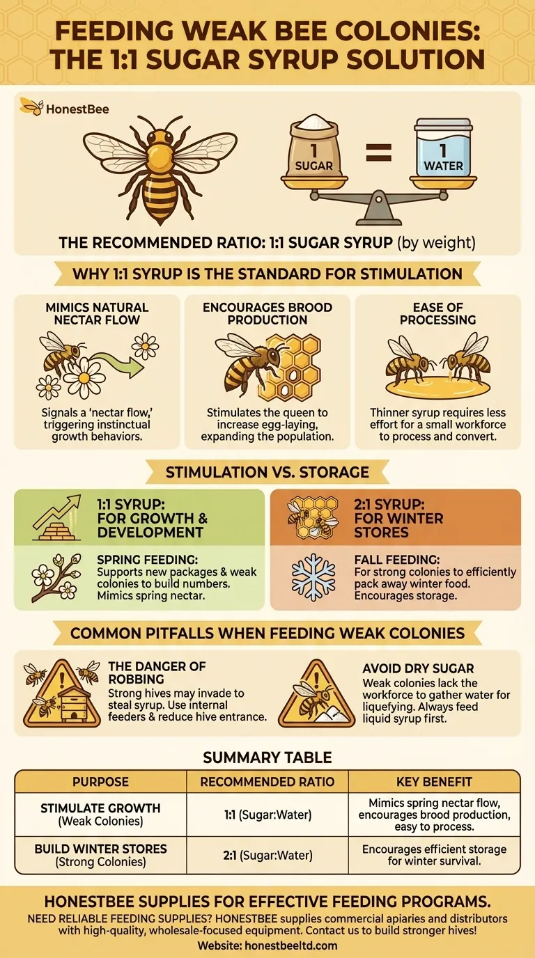 ¿Cuál es la proporción recomendada de jarabe de azúcar para alimentar colonias de abejas débiles? Use 1:1 para estimular el crecimiento Guía Visual