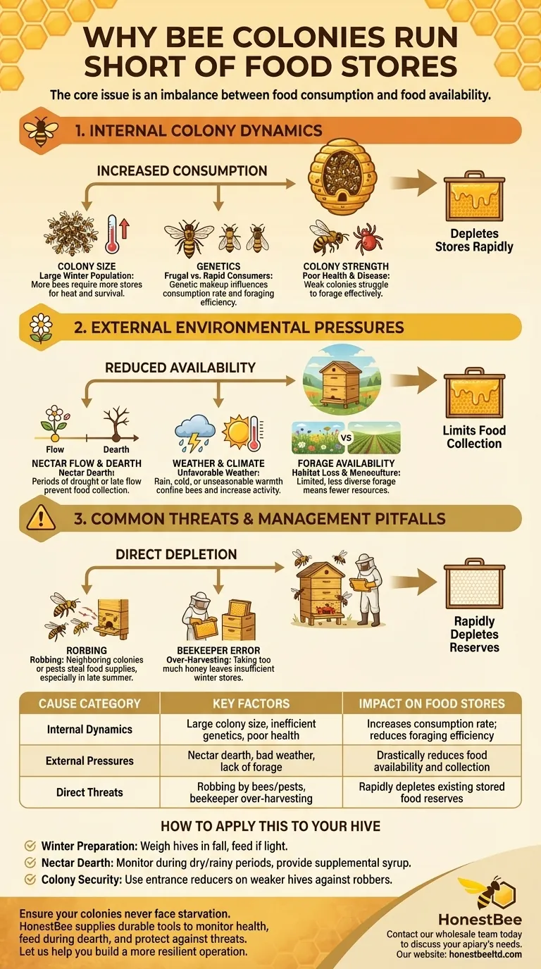 What are some potential causes for a bee colony to run short of food stores? Protect Your Hive from Starvation Visual Guide