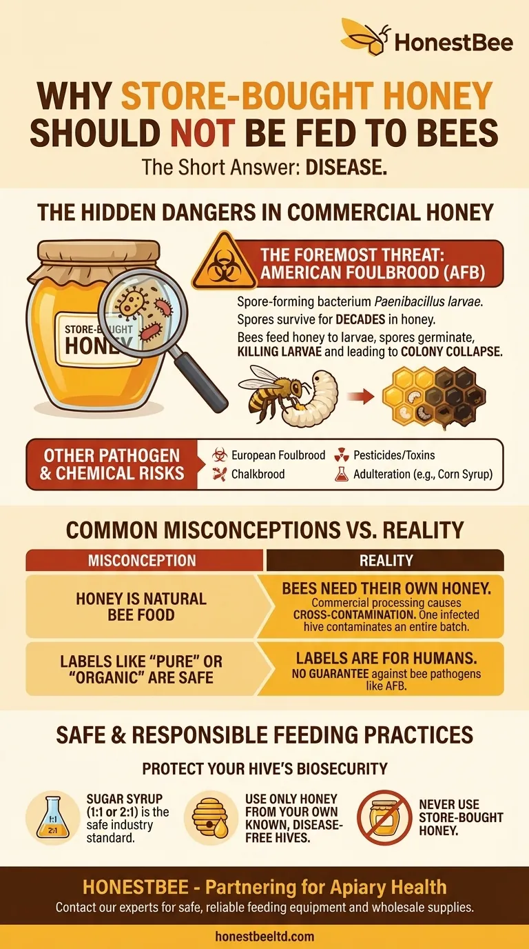 Why should store-bought honey not be fed to bees? Protect Your Hive from Disease Visual Guide