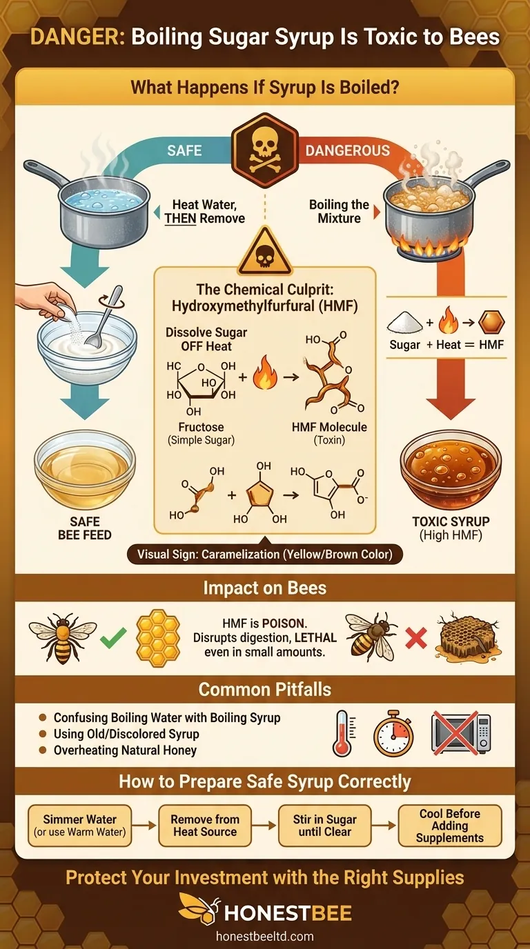 What happens if the syrup mixture is boiled during preparation? Avoid Creating Toxic HMF for Your Bees Visual Guide