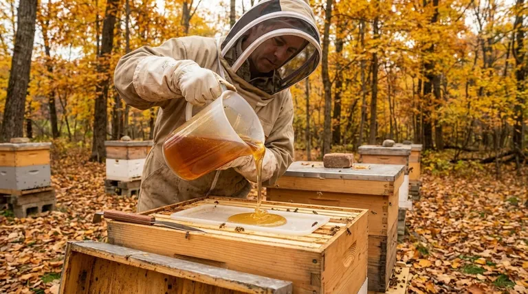 Quel est le ratio sucre/eau recommandé pour l'alimentation d'automne ? Utilisez un ratio de 2:1 pour des réserves hivernales optimales