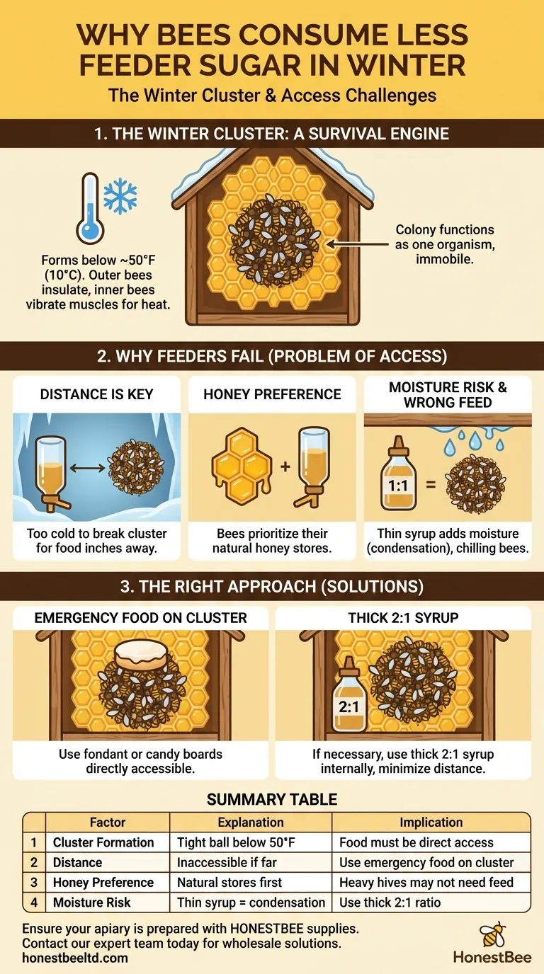 Why might bees consume less sugar from feeders in the winter? Understanding the Winter Cluster's Survival Strategy Visual Guide