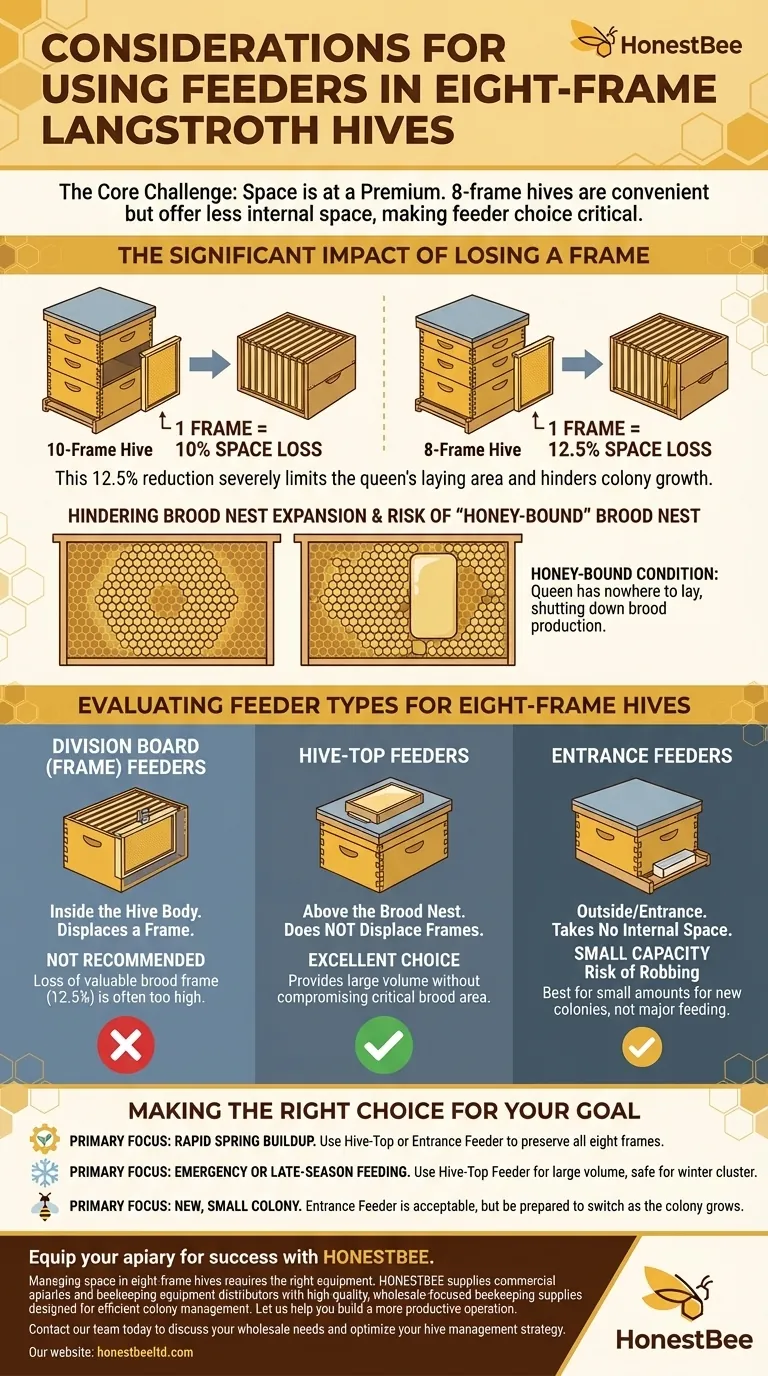 What are the considerations for using feeders in eight-frame Langstroth hives? Maximize Colony Growth in Limited Space Visual Guide