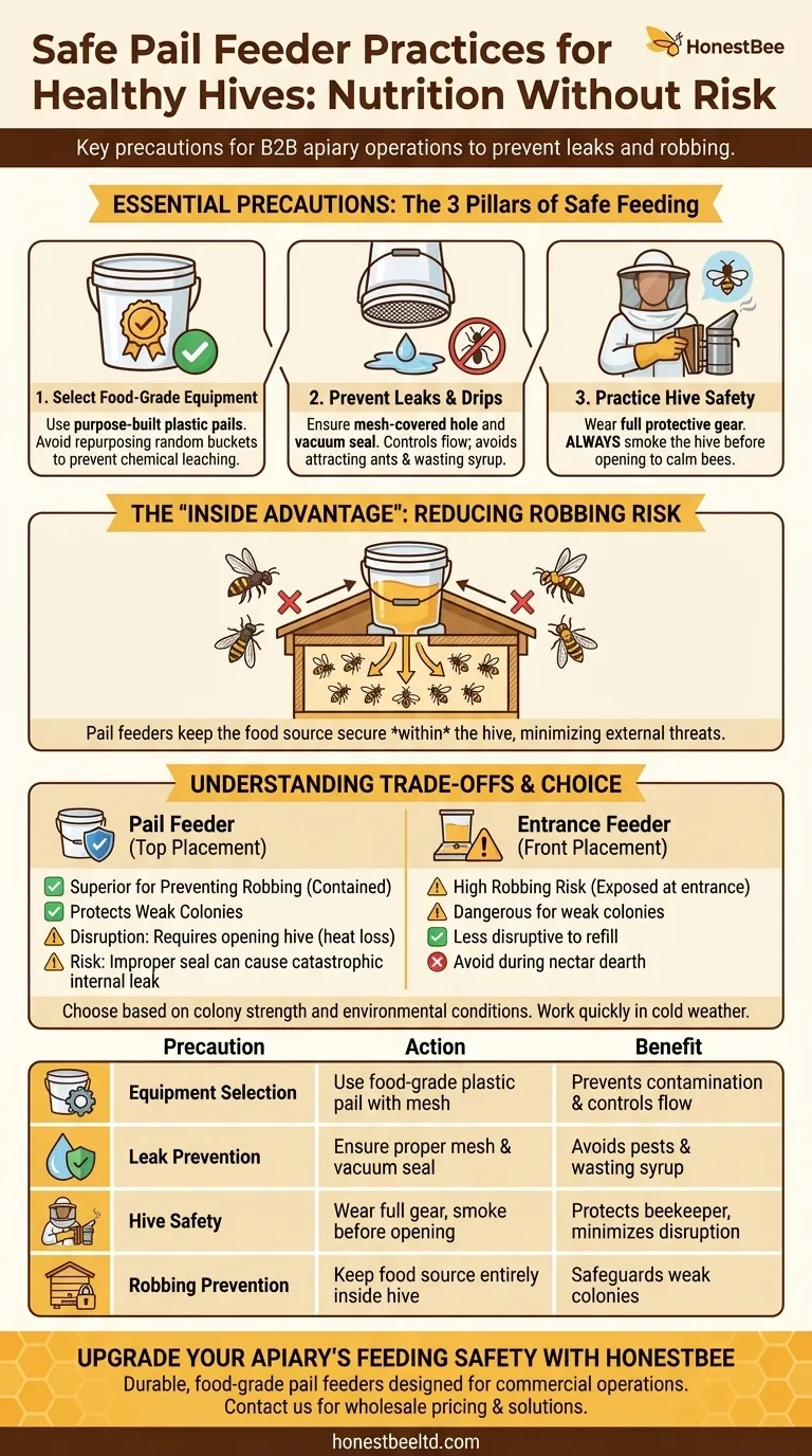 What precautions should be taken when using pail feeders? Safeguard Your Hive and Prevent Robbing Visual Guide