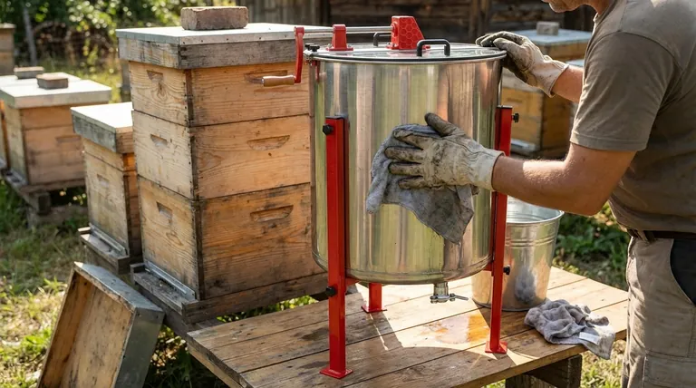 ما هي الطريقة الموصى بها لتنظيف الجزء الخارجي من جهاز استخلاص العسل؟ حماية العسل والمعدات الخاصة بك