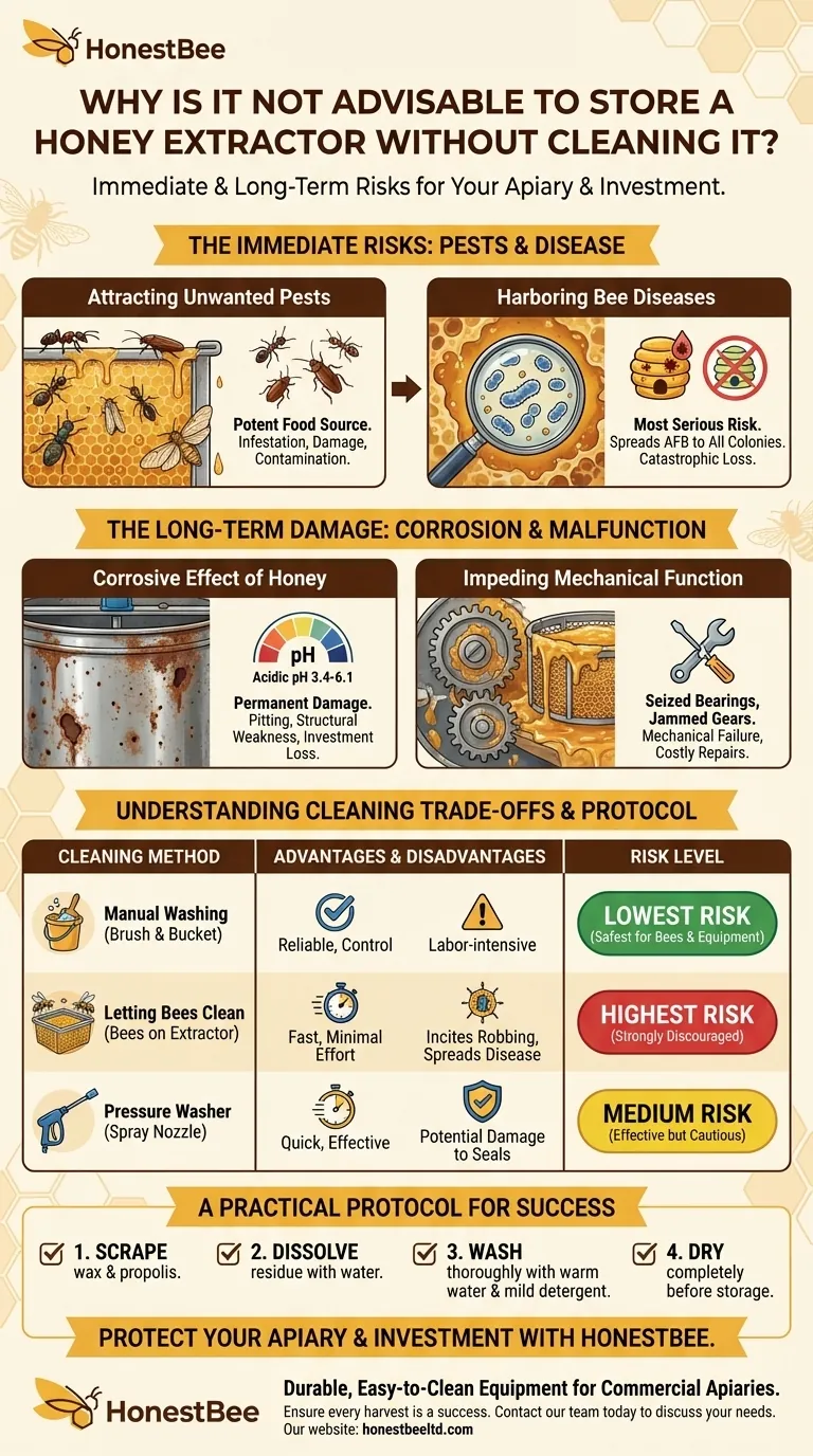 Why is it not advisable to store a honey extractor without cleaning it? Prevent Disease & Corrosion Visual Guide